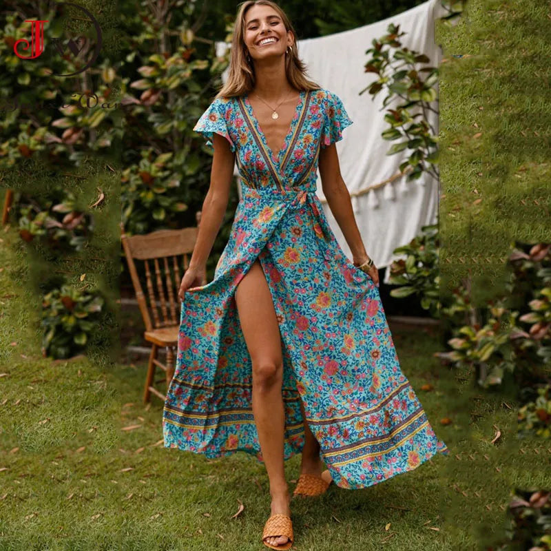 Summer Maxi Dress Women Short Sleeve Casual V Neck Floral Print Boho Beach Long Dress  S~5XL Sexy Split Party Robe