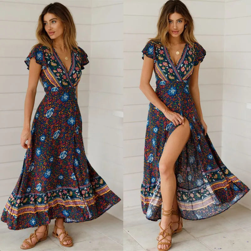 Summer Maxi Dress Women Short Sleeve Casual V Neck Floral Print Boho Beach Long Dress  S~5XL Sexy Split Party Robe