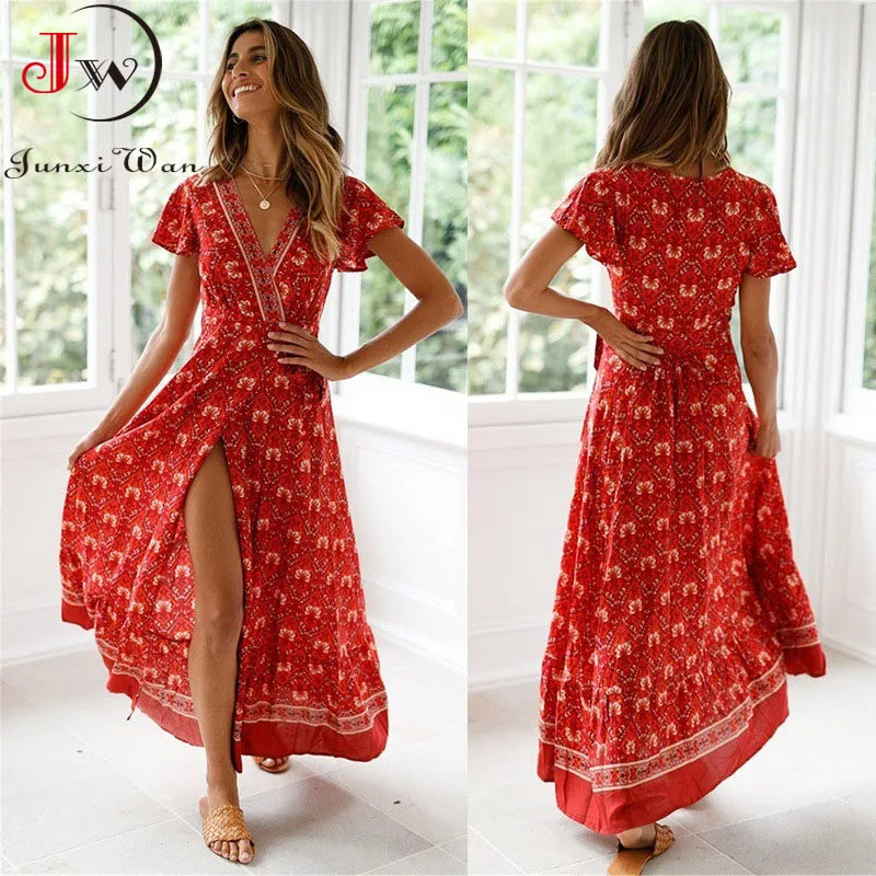 Summer Maxi Dress Women Short Sleeve Casual V Neck Floral Print Boho Beach Long Dress  S~5XL Sexy Split Party Robe