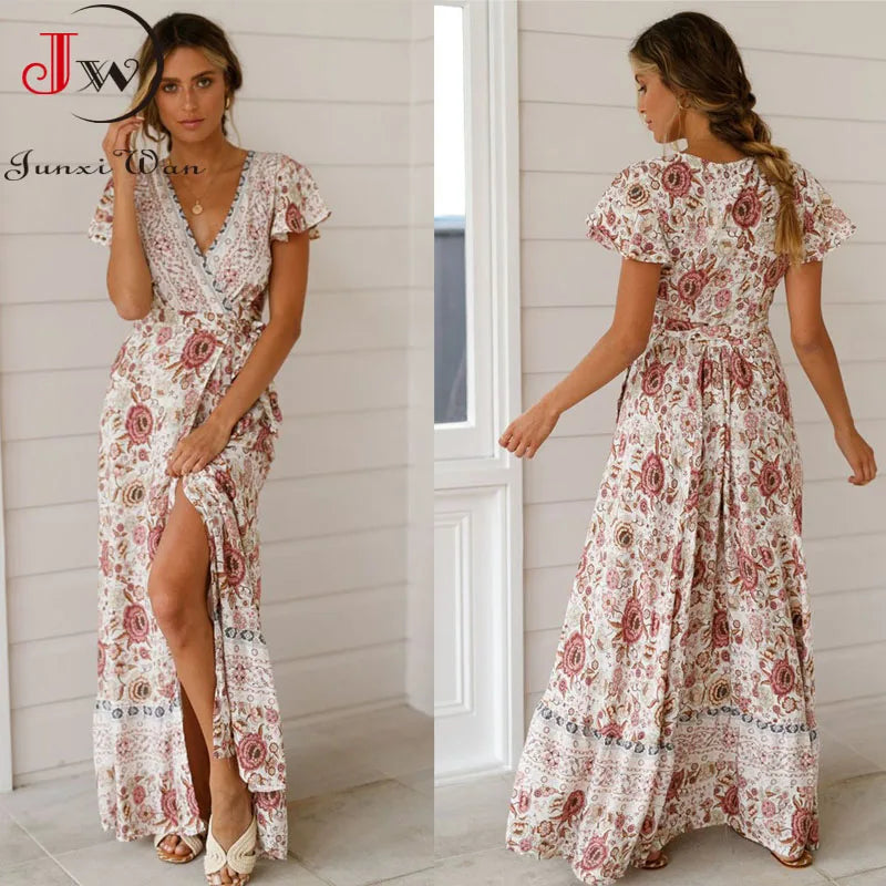 Summer Maxi Dress Women Short Sleeve Casual V Neck Floral Print Boho Beach Long Dress  S~5XL Sexy Split Party Robe