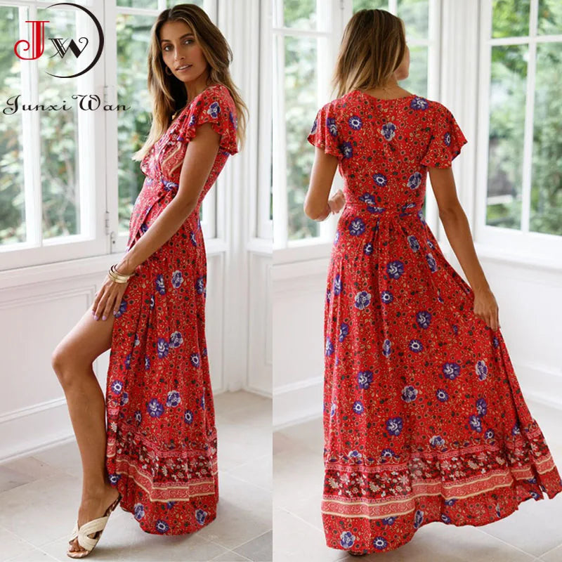 Summer Maxi Dress Women Short Sleeve Casual V Neck Floral Print Boho Beach Long Dress  S~5XL Sexy Split Party Robe