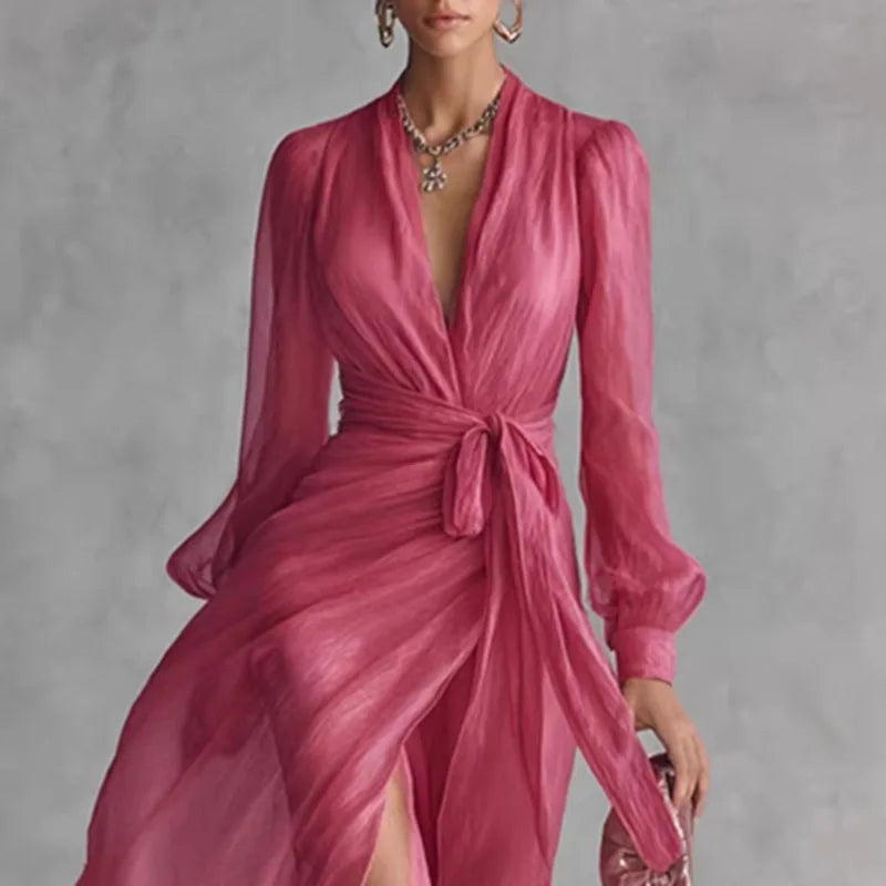Bohemian Vacation Summer Maxi Dress Woman Sexy Deep V Neck Puff Sleeve Long Dress Spring Solid Lace-up High Slit Evening Dresses
