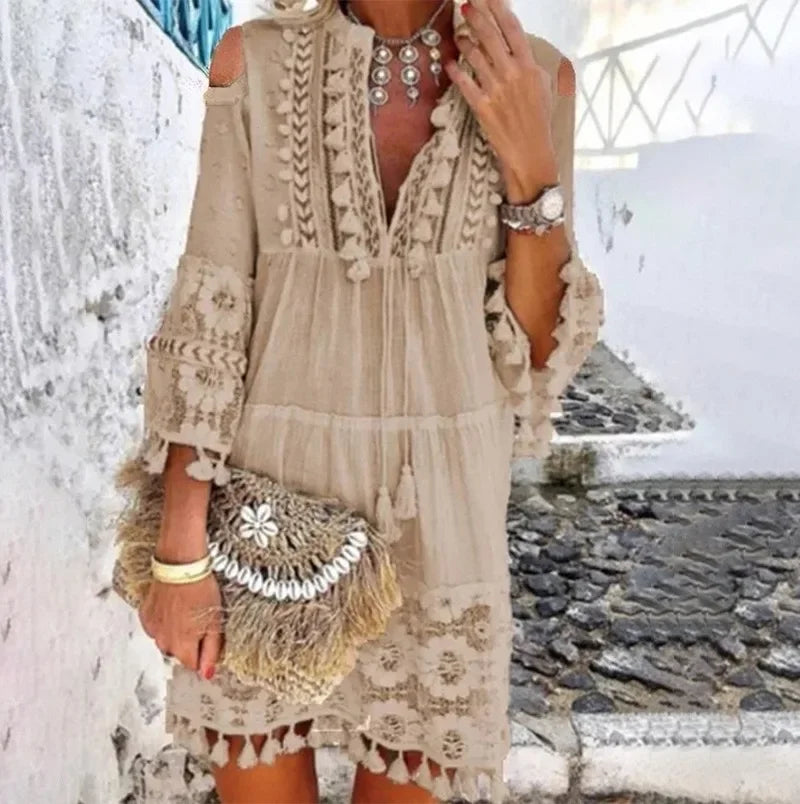 Women Mini Dress V Neck Full Sleeve Short Dress Lace Tassel Bohemian Style Loose Casual Plus Maxi Size Party Night Summer 2024