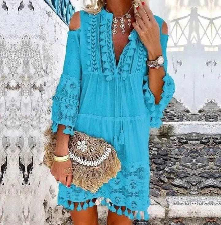 Women Mini Dress V Neck Full Sleeve Short Dress Lace Tassel Bohemian Style Loose Casual Plus Maxi Size Party Night Summer 2024