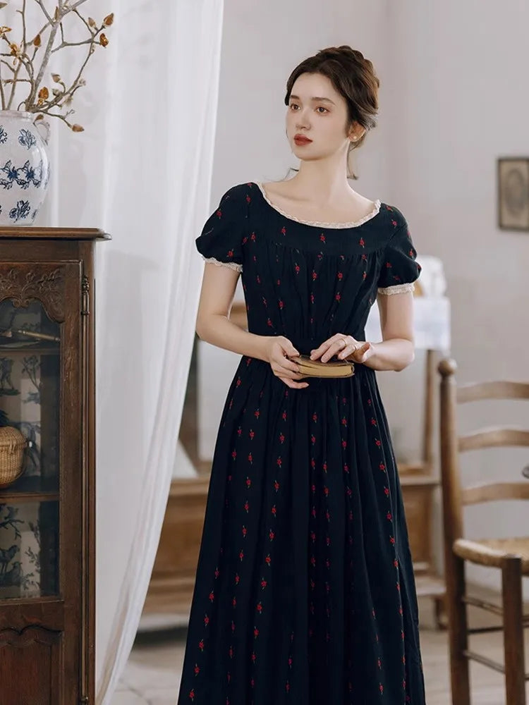 84-96cm Bust Summer Maxi Dresses For Women Vintage Elegant Slim Floral Dresses Comfortable And Soft 100%Cotton Long Black Dress