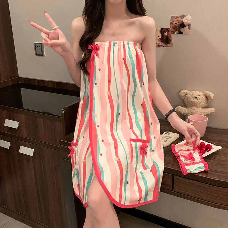 Black Rose Sexy Cotton Bathrobe Women's Chemise Nightgown Home Clothes with Headscarf Summer Thin Knitted Fabric Youth Size