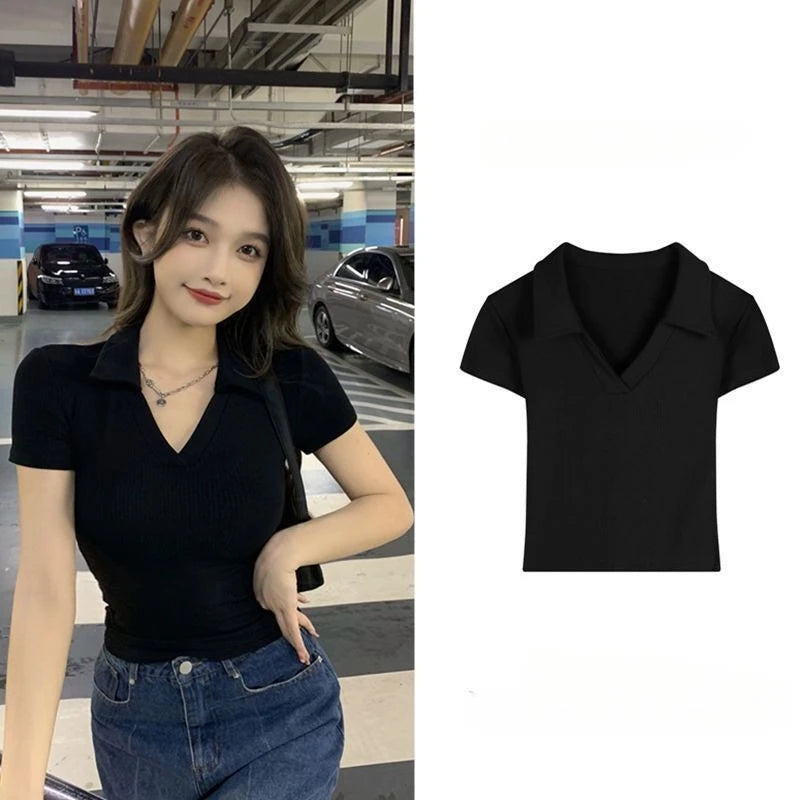 Polo Golf Shirt V-Neck Short Sleeve T-Shirt Women's Summer Harajuku Design Y2K Slim-Fit Base Layer Cropped Top Straight Shoulder