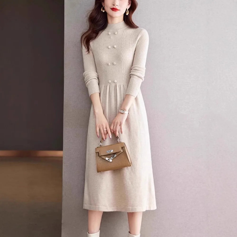 New Vintage Woolen Sweater Dress For Women Middle-long Pullover Fall Winter Clothes Woman Top Bottom Wear Pull Femme Knitwear