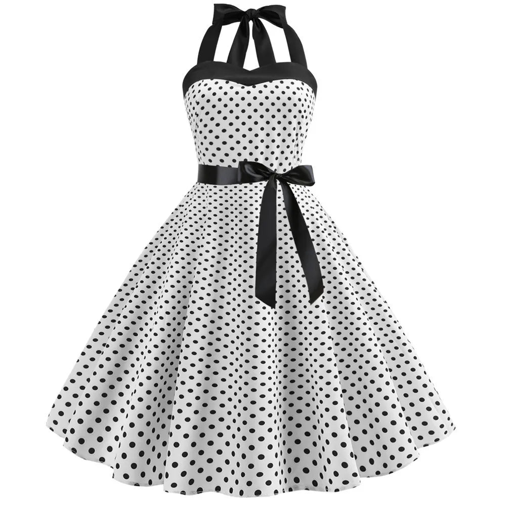 New Women's Polka Dot Print Summer Dress 50s 60s Pin Up Sexy Retro Hepburn Halter Dress Robe Femme Pin Up Rockabilly Party Dress