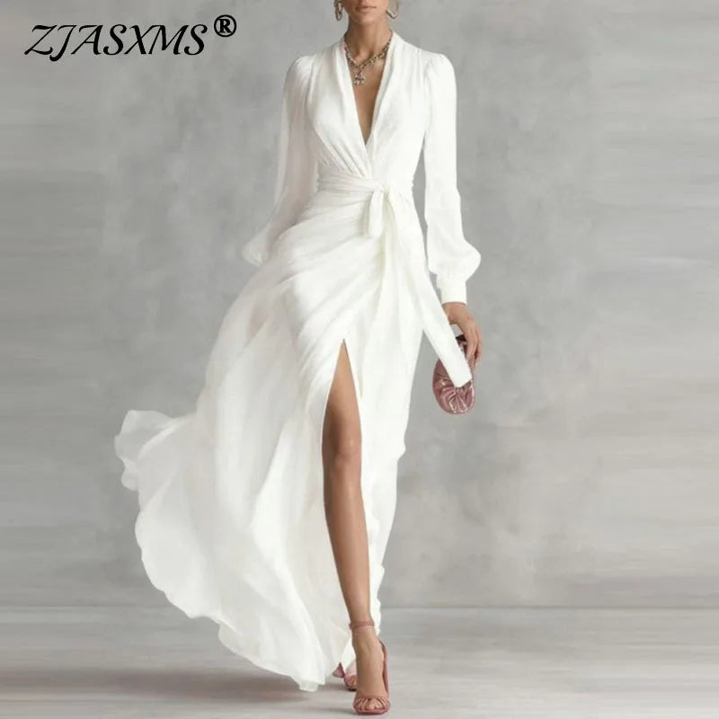 Bohemian Vacation Summer Maxi Dress Woman Sexy Deep V Neck Puff Sleeve Long Dress Spring Solid Lace-up High Slit Evening Dresses