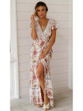 Summer Maxi Dress Women Short Sleeve Casual V Neck Floral Print Boho Beach Long Dress  S~5XL Sexy Split Party Robe