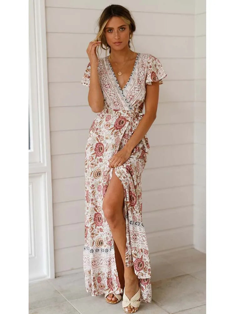 Summer Maxi Dress Women Short Sleeve Casual V Neck Floral Print Boho Beach Long Dress  S~5XL Sexy Split Party Robe