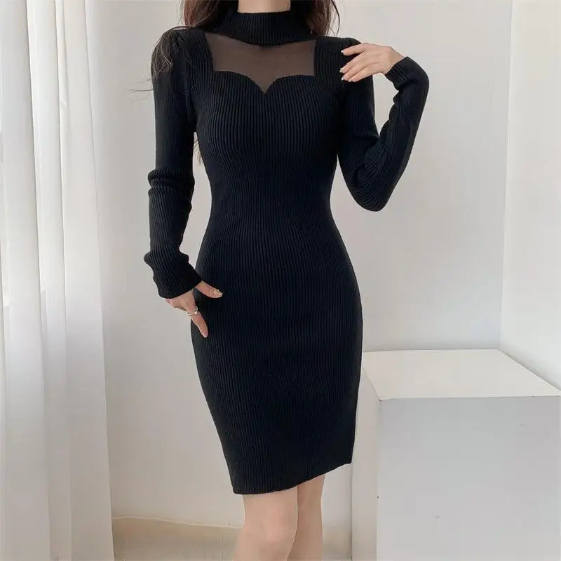 Elegant White Women'S Autumn Knitted Sweater Dresses Spliced Mesh Sheer Stand Collar Long Sleeve Waist A-Line Hip Dress Party