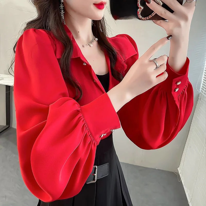 Retro Elegant Women's Long Sleeve Shirt Spring Autumn New Design  Fashionable Top  Collar Loose Fit UV Protection