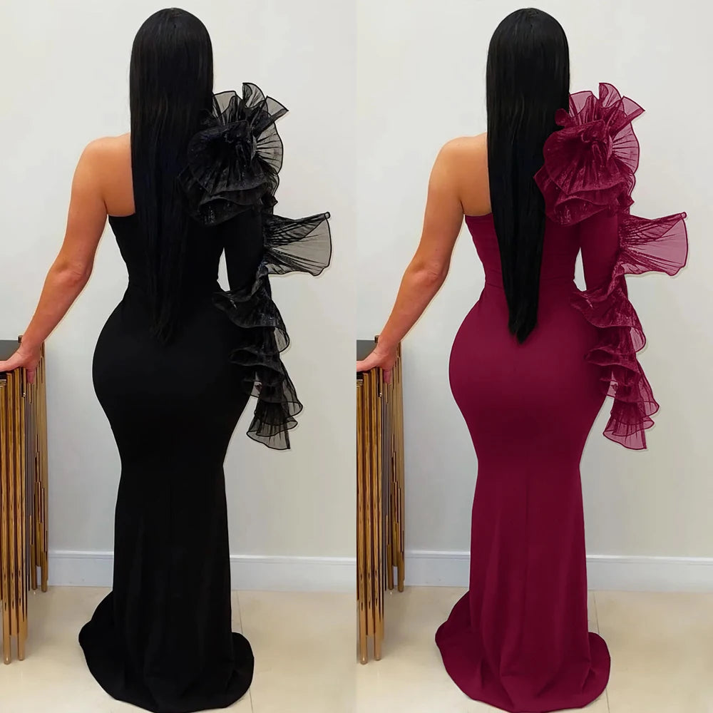 Elegant Women Long Gown Chic 3D Pleated Floral Sleeve Banquet Dress Slash One-Shoulder Asymmetry Slim Evening Dinner Dresses