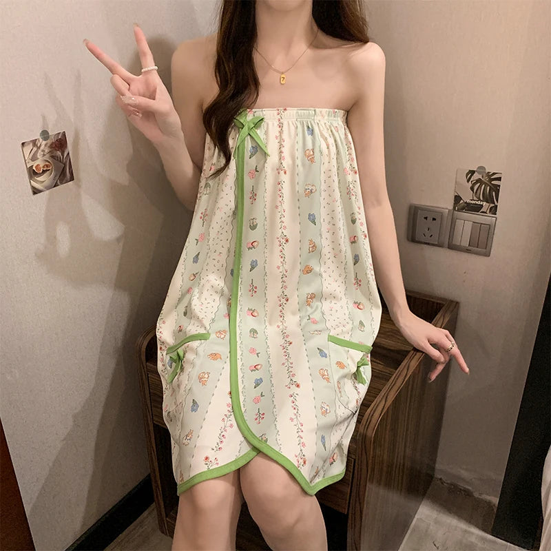 Black Rose Sexy Cotton Bathrobe Women's Chemise Nightgown Home Clothes with Headscarf Summer Thin Knitted Fabric Youth Size