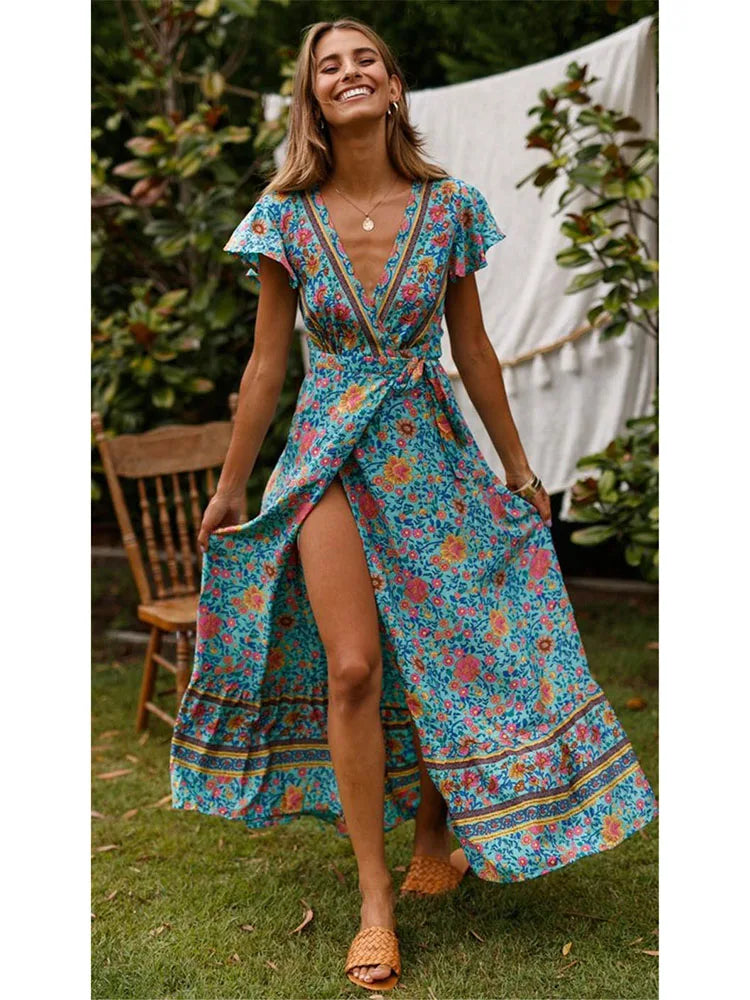 Summer Maxi Dress Women Short Sleeve Casual V Neck Floral Print Boho Beach Long Dress  S~5XL Sexy Split Party Robe