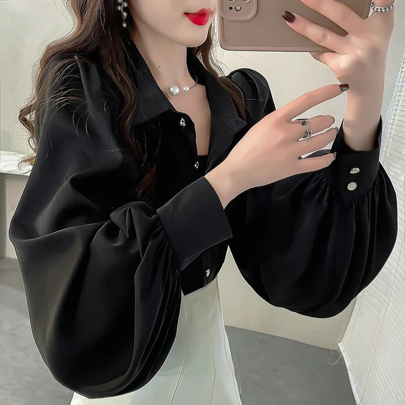 Retro Elegant Women's Long Sleeve Shirt Spring Autumn New Design  Fashionable Top  Collar Loose Fit UV Protection
