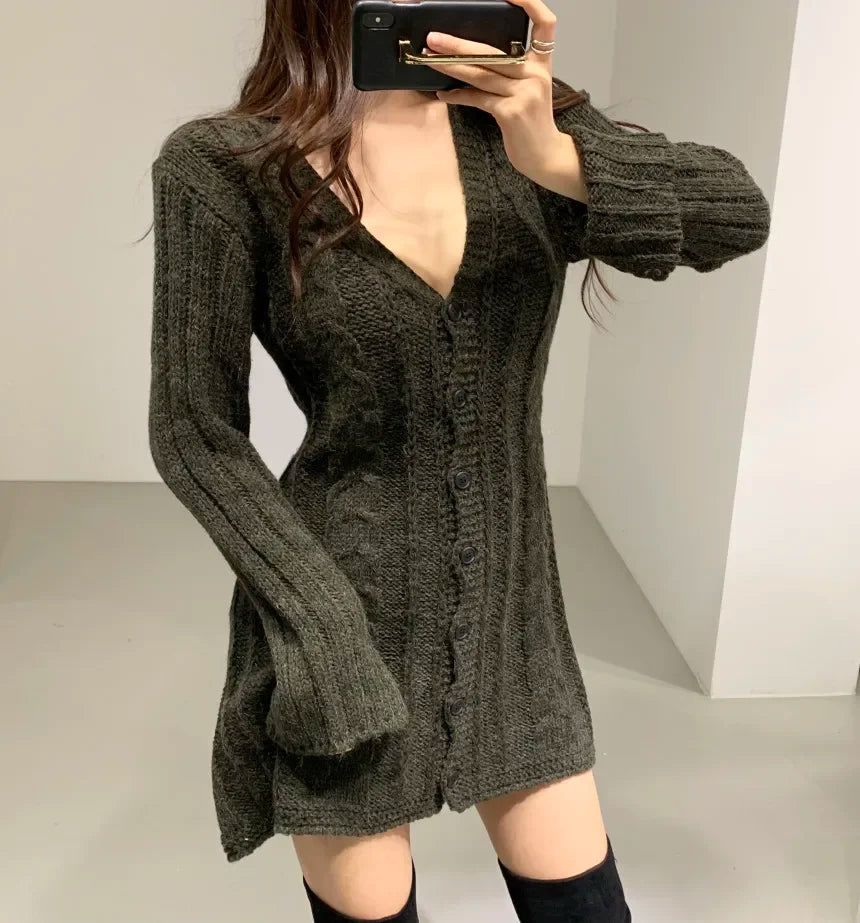 Sweater Dress for Women Long Sleeve Cable Knit Button Down Fitted Mini Dress Teen-girl Fall Winter Retro 90s Outfit