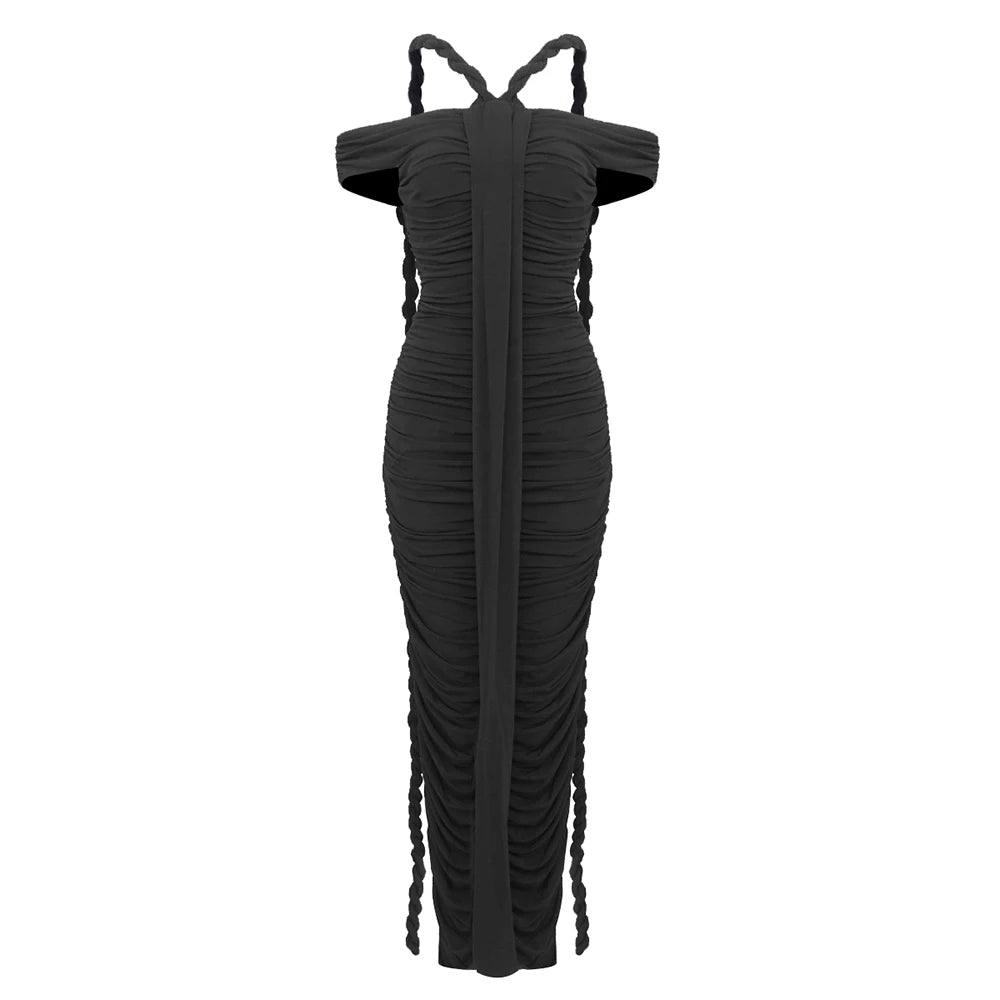 Bodycon Black Dress Elegant Braid Evening Gown for Women Off Shoulder Ruched White Long Dresses Slimming 2025 New Party Vestdio