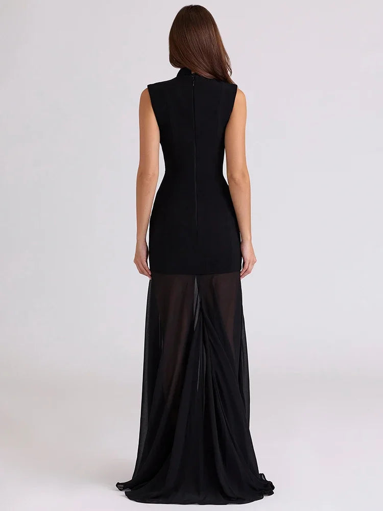 Hollow Out Sleeveless Sexy Maxi Dress Women Gown Elegant Half High Collar High Waist Bodycon Club Party Long Dresses