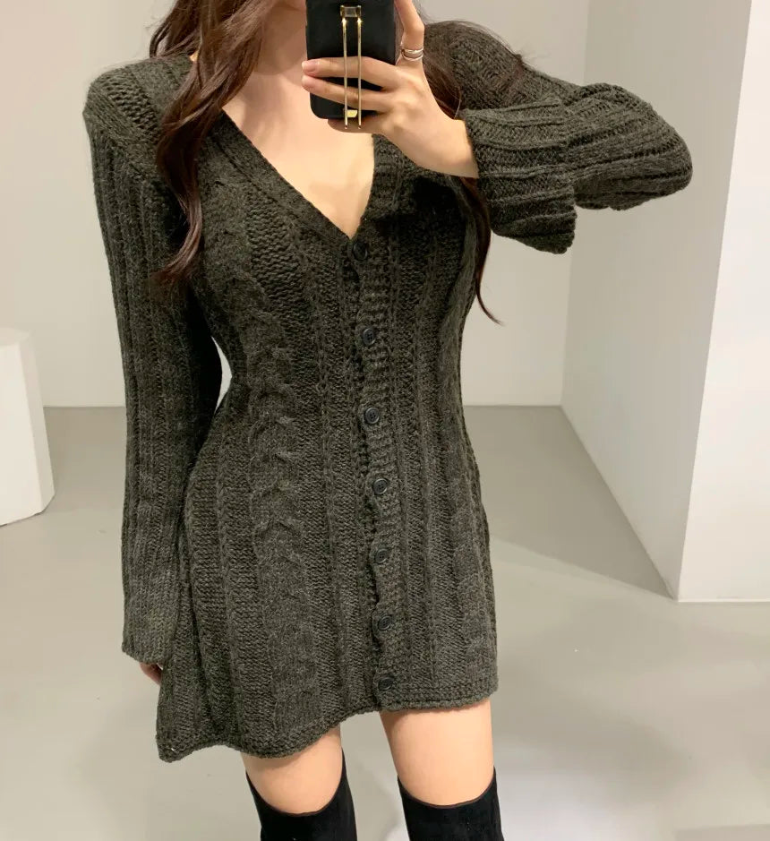 Sweater Dress for Women Long Sleeve Cable Knit Button Down Fitted Mini Dress Teen-girl Fall Winter Retro 90s Outfit