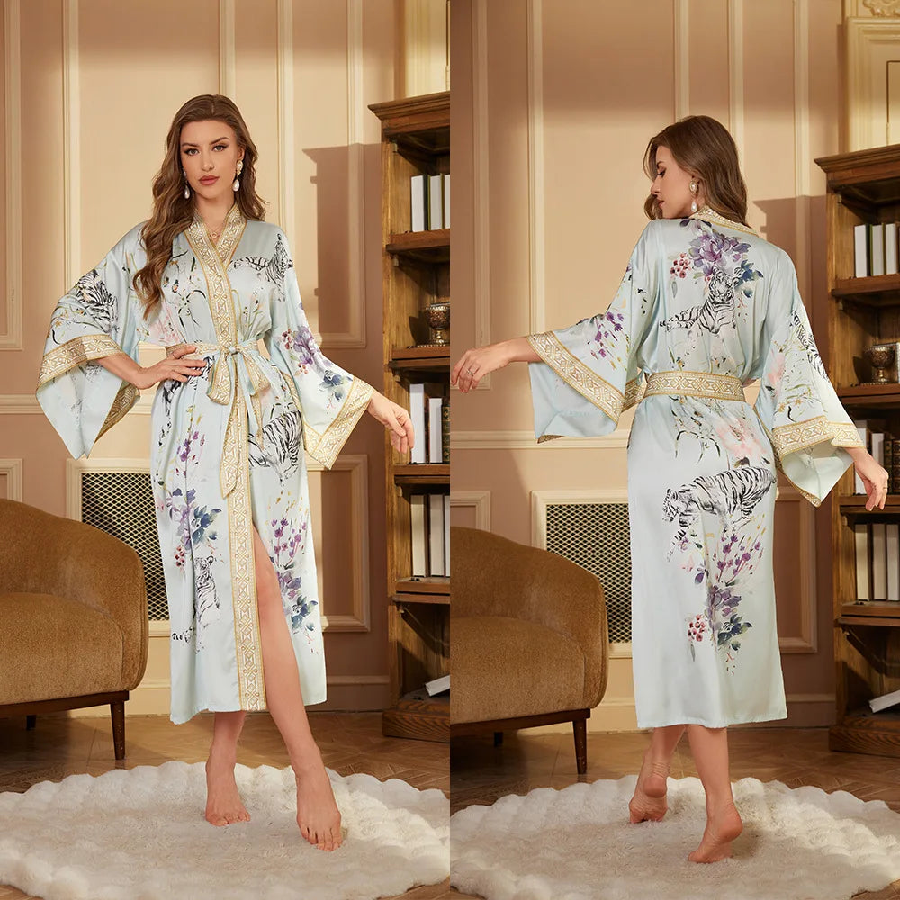 New Pajamas Comfortable Single Robe Long-Sleeved Robe Bathrobe Women's High-Grade Satin Ice Silk Nightgown