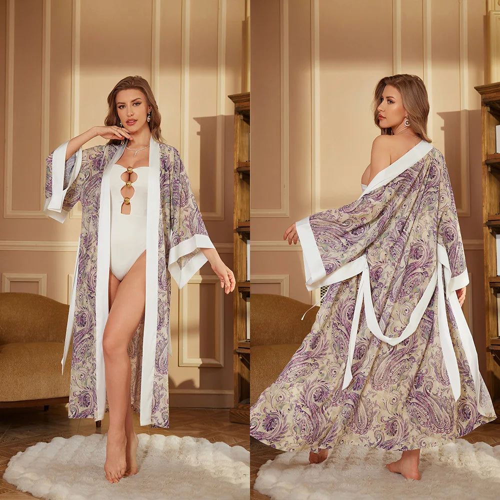 New Pajamas Comfortable Single Robe Long-Sleeved Robe Bathrobe Women's High-Grade Satin Ice Silk Nightgown
