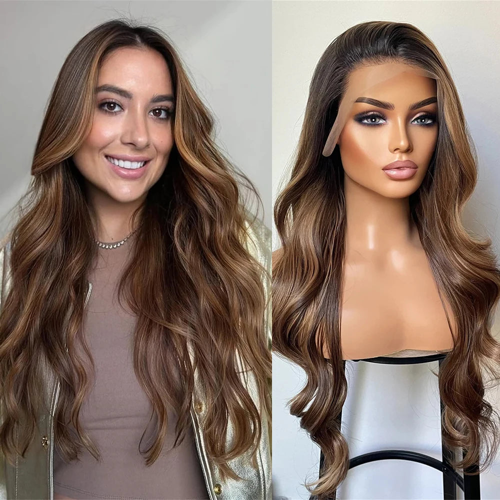 Fashion Lace Front Wig 13x4 Dark Brown Blonde Highlights Glueless Transparent Synthetic Wig for Women 2026 Style Long Loose Wavy