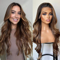 Fashion Lace Front Wig 13x4 Dark Brown Blonde Highlights Glueless Transparent Synthetic Wig for Women 2026 Style Long Loose Wavy