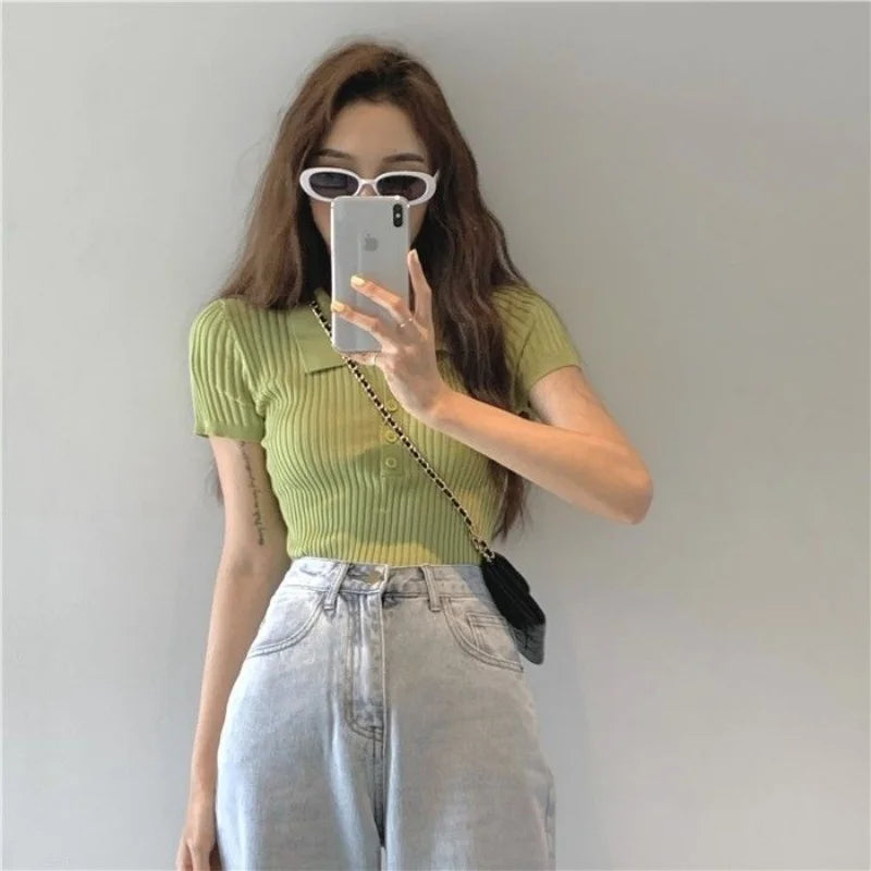 New Polo Women TShirt Ribbed Knitted Sexy Tops Summer Basic Shirts Skinny Slim Casual Short Sleeve Vest Women's Top White Black
