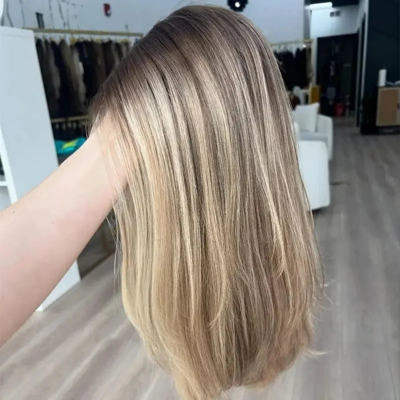 Glueless Lace Front Wig Ash Brown Blend Blonde Colored Real Human Hair Wigs 100% Natural Women Wig HD Transparent Small Large