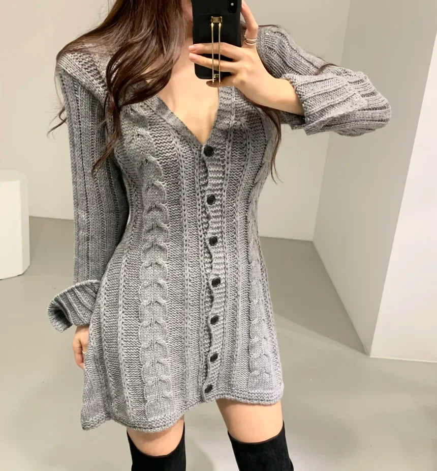 Sweater Dress for Women Long Sleeve Cable Knit Button Down Fitted Mini Dress Teen-girl Fall Winter Retro 90s Outfit