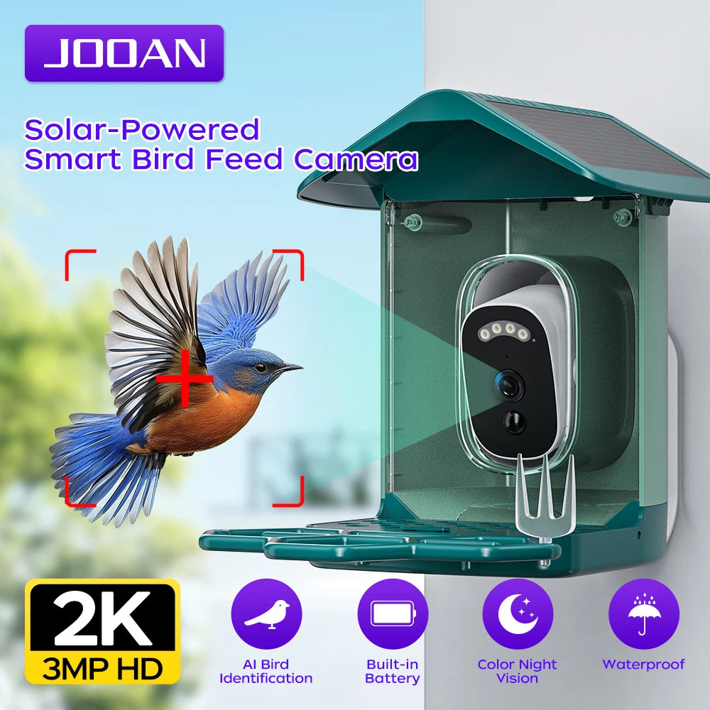 JOOAN 2K Solar Powered Smart Bird Feeder Camera Wireless Outdoor Bird Watching Color Night Vision Low Power Battery Camera