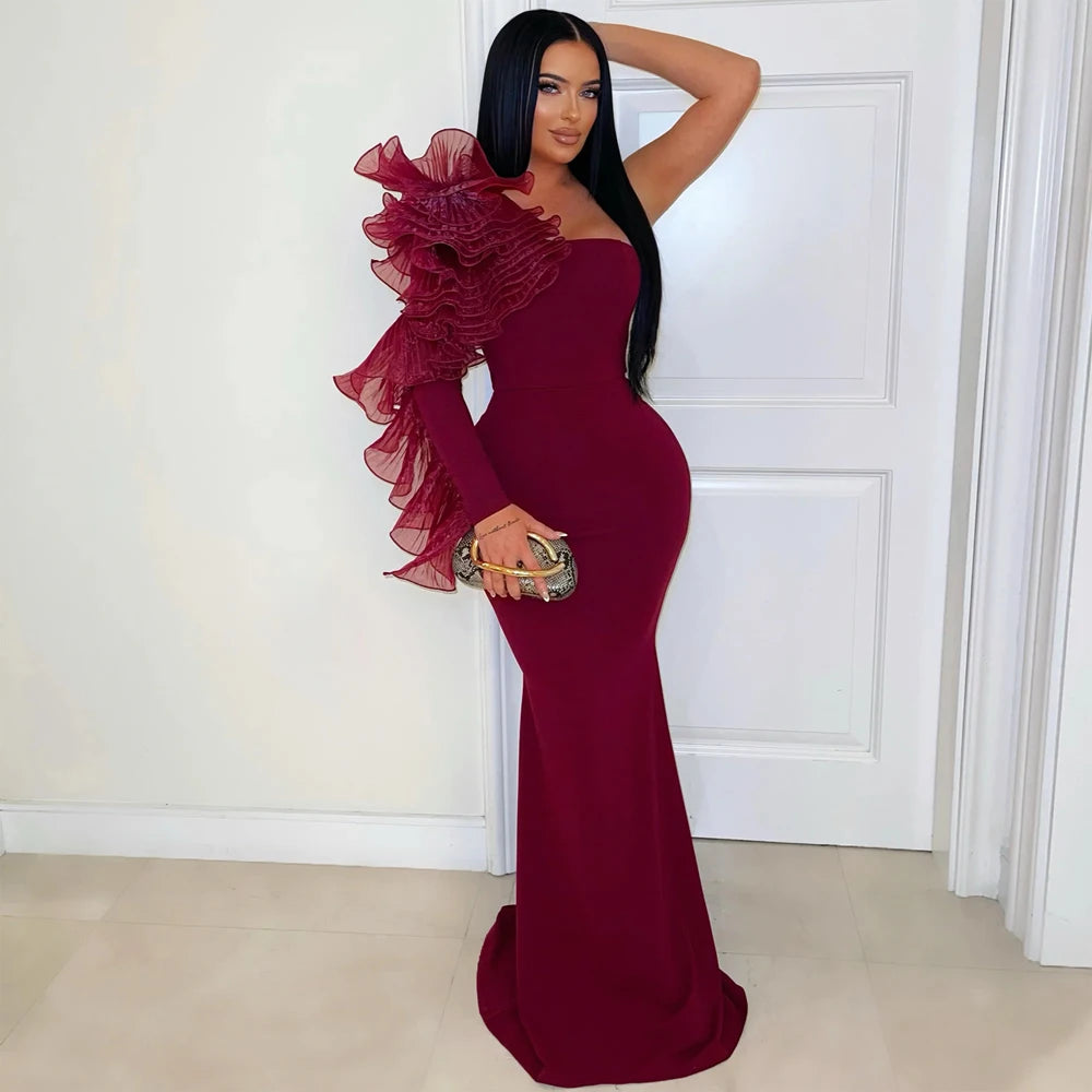 Elegant Women Long Gown Chic 3D Pleated Floral Sleeve Banquet Dress Slash One-Shoulder Asymmetry Slim Evening Dinner Dresses