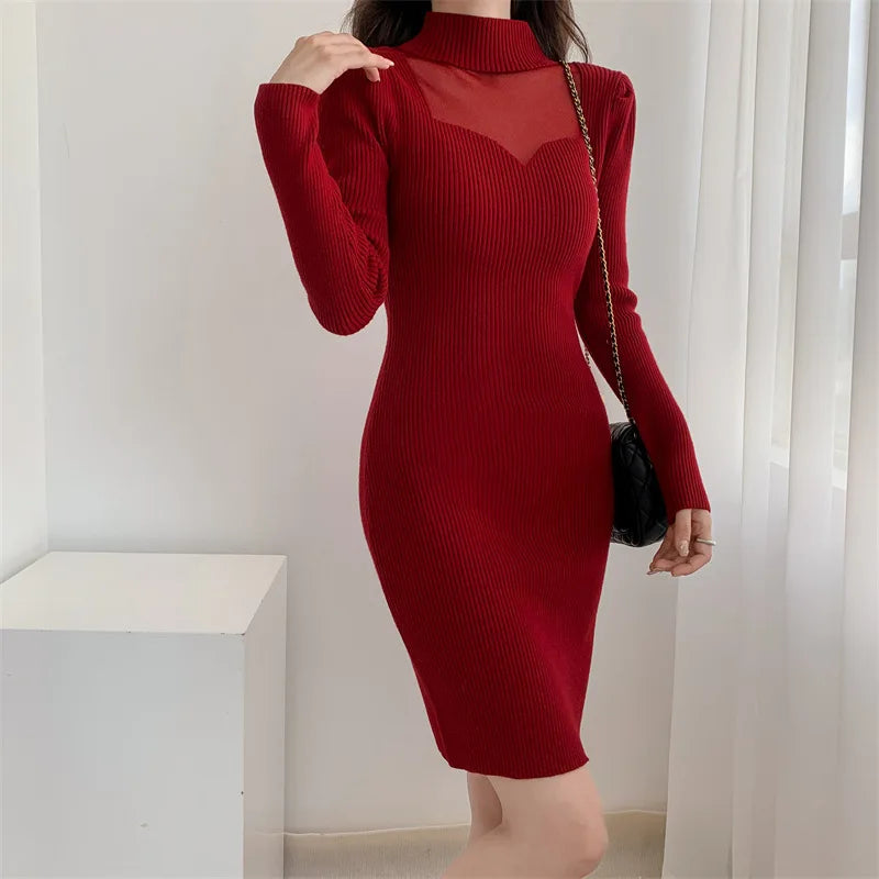 Elegant White Women'S Autumn Knitted Sweater Dresses Spliced Mesh Sheer Stand Collar Long Sleeve Waist A-Line Hip Dress Party