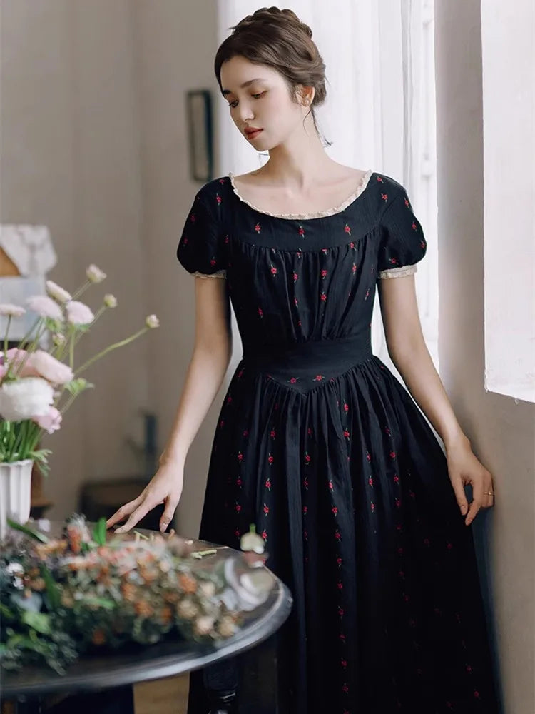 84-96cm Bust Summer Maxi Dresses For Women Vintage Elegant Slim Floral Dresses Comfortable And Soft 100%Cotton Long Black Dress