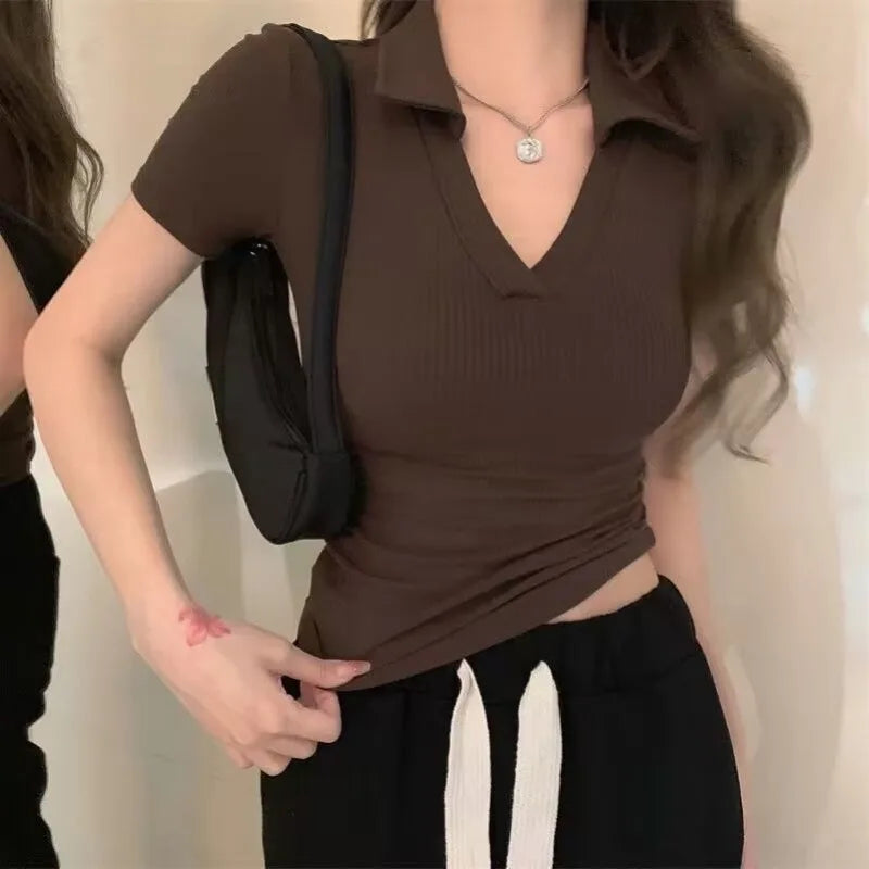 Polo Golf Shirt V-Neck Short Sleeve T-Shirt Women's Summer Harajuku Design Y2K Slim-Fit Base Layer Cropped Top Straight Shoulder