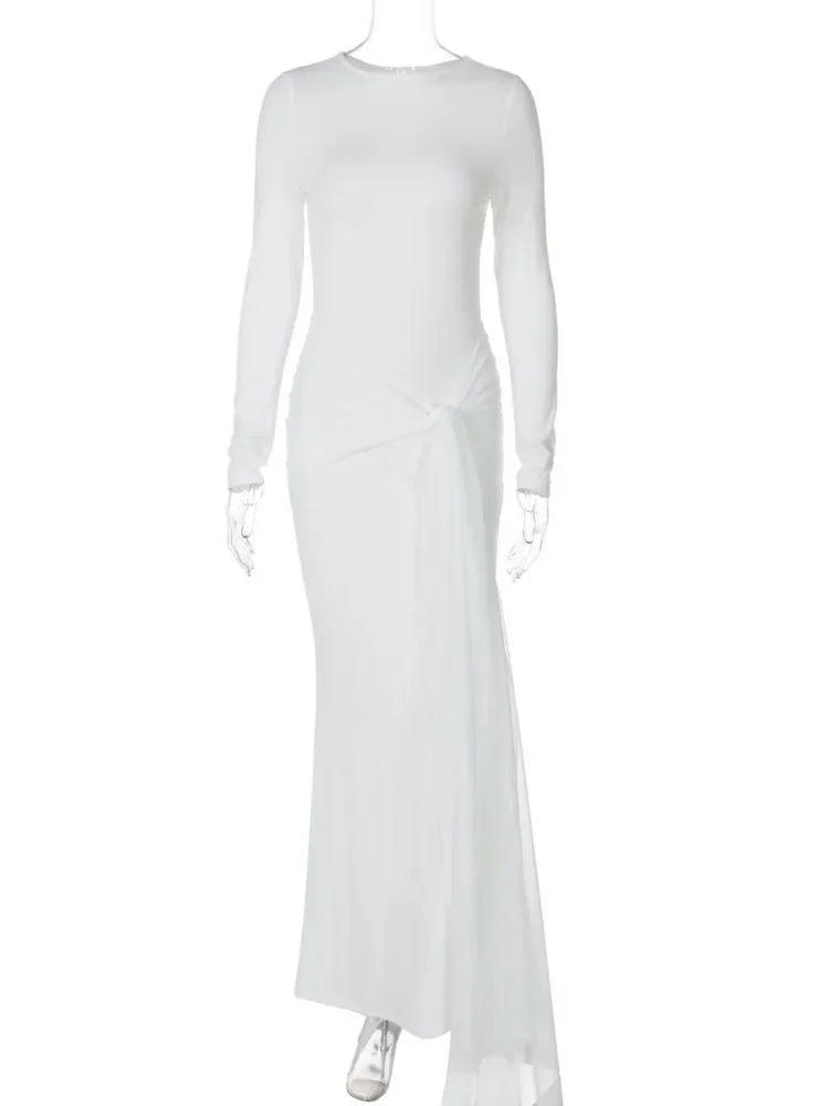 Long Sleeve Ruched Draped Sexy Maxi Dress Women Autumn Fashion White O Neck High Waist Slim Club Long Dresses Female