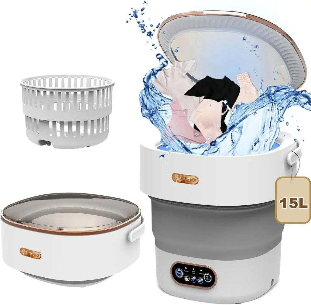 Mini Portable Washer Foldable 15L High-Capacity Spin Basket for Underwear Pants & Socks with Hidden Drainage Pipe