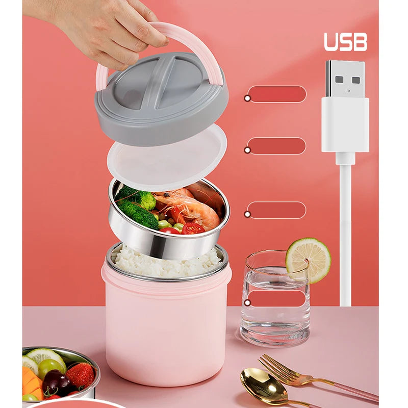 Electric Heated Lunch Box USB 1.2L Thermal Stainless Steel Bento Box 5V 12V 24V Car School Food Warmer Heating Container Heater