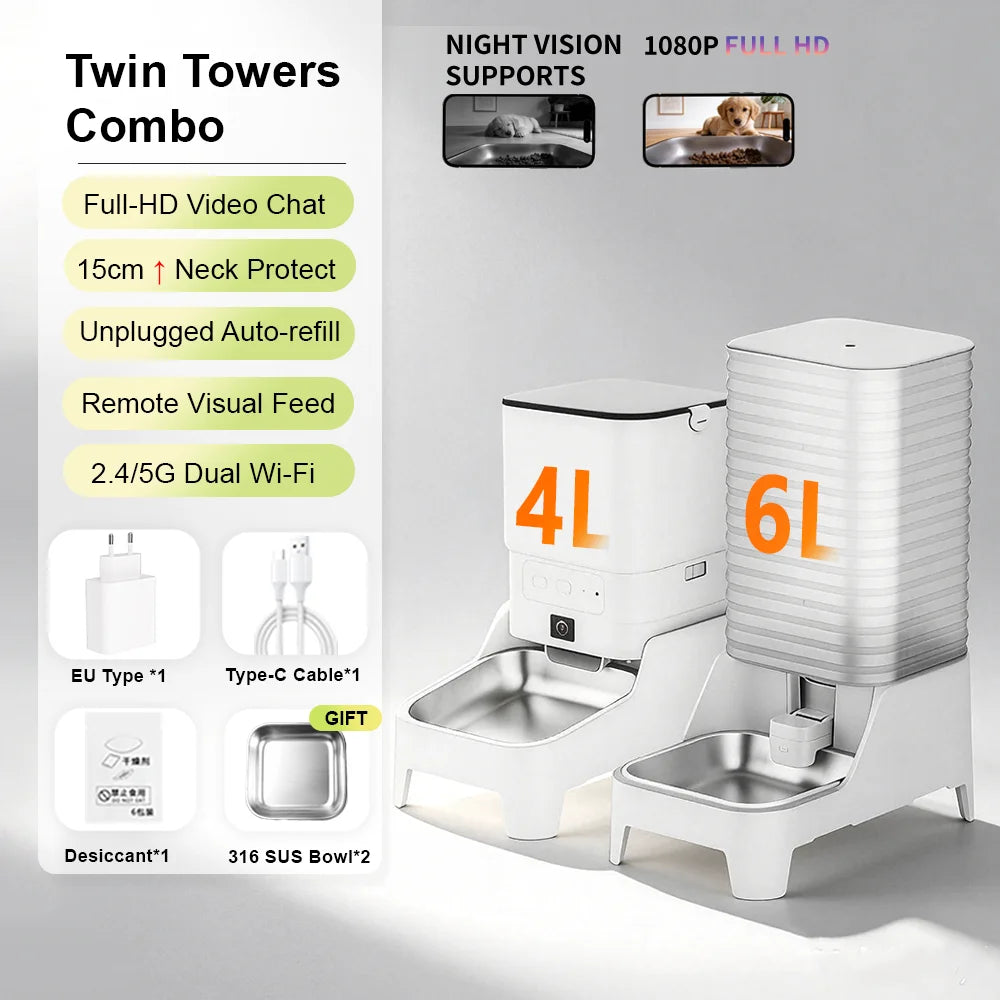 Smart Cat Feeder with 15CM Elevated Camera Tuya App Control for Busy Pet Owners FURPIPI Automatic Cats Dog Food Feeder Set