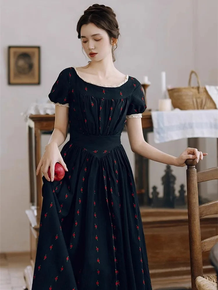 84-96cm Bust Summer Maxi Dresses For Women Vintage Elegant Slim Floral Dresses Comfortable And Soft 100%Cotton Long Black Dress