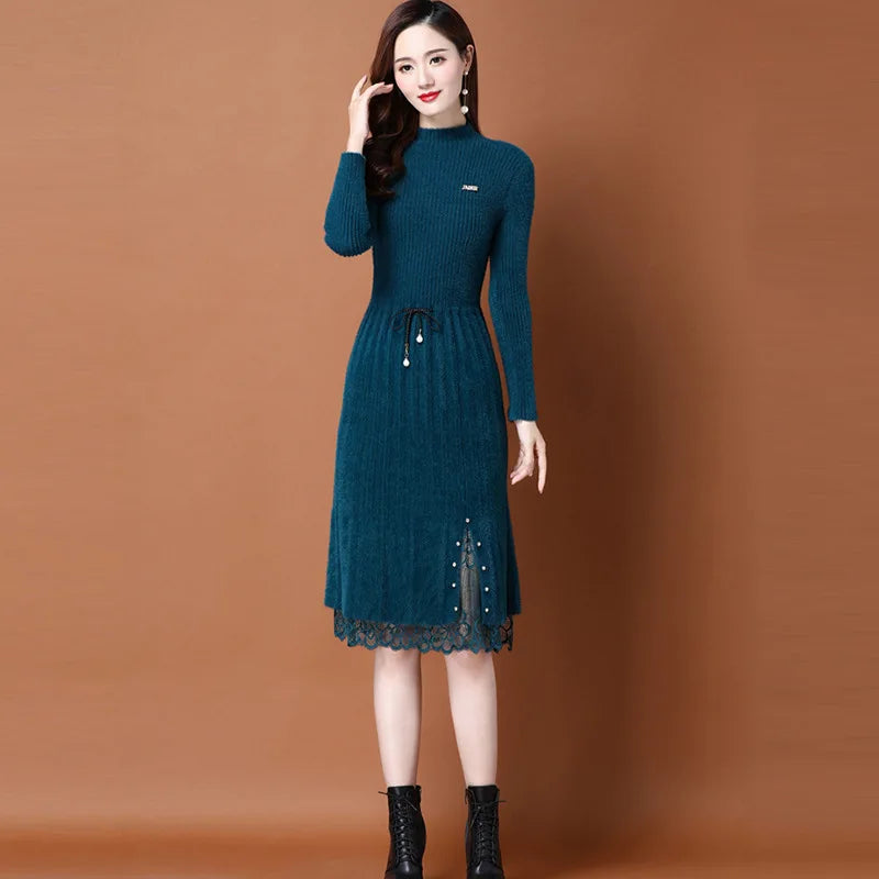 Knitted Dress Women's New Autumn Winter Style Temperament Knitted Over-the-knee Sweater Dress with Coat Trend