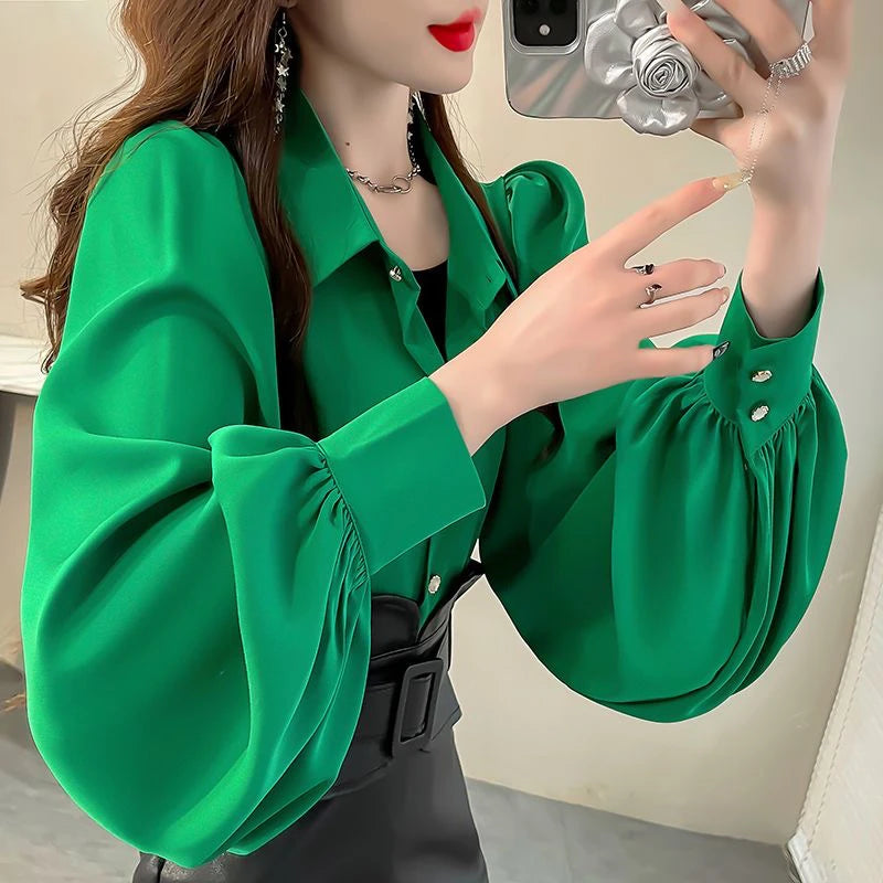 Retro Elegant Women's Long Sleeve Shirt Spring Autumn New Design  Fashionable Top  Collar Loose Fit UV Protection