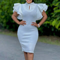 Elegant Bodycon Dresses for Women O Neck Ruffles Sleeve Beaded Solid Sheath Package Hips Mid Calf Luxury Birthday Party Dress