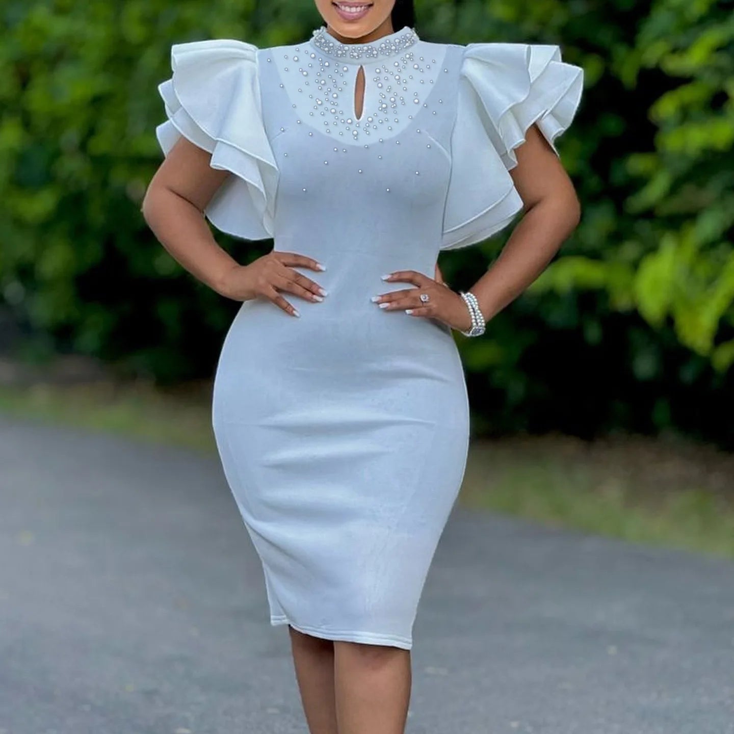 Elegant Bodycon Dresses for Women O Neck Ruffles Sleeve Beaded Solid Sheath Package Hips Mid Calf Luxury Birthday Party Dress