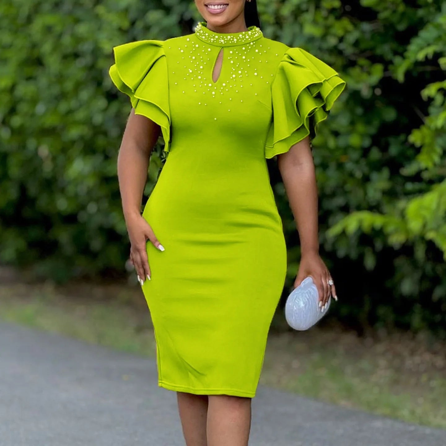 Elegant Bodycon Dresses for Women O Neck Ruffles Sleeve Beaded Solid Sheath Package Hips Mid Calf Luxury Birthday Party Dress