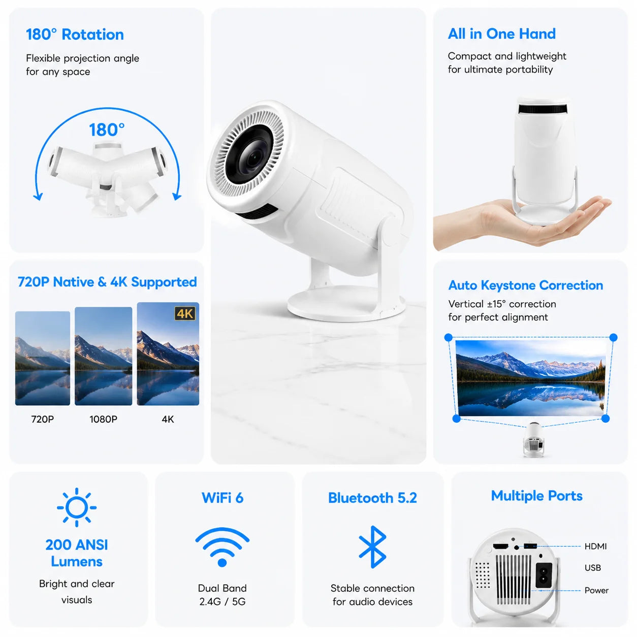 Mini Projector Android TV 11 WiFi 6 Bluetooth 5.2 720P Native 4K Supported 180 Rotation Portable Home Theater