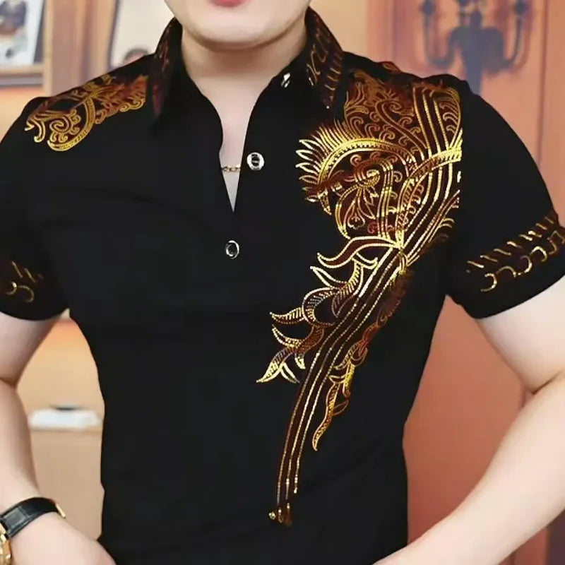 Men's Black Polo Shirt Short Sleeve Gold Paisley Embroidery Slim Fit Casual Top
